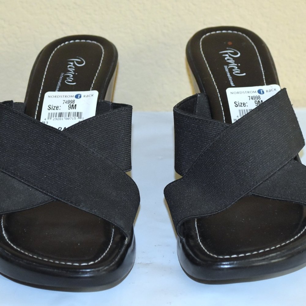 PREVIEW INTERNATIONAL WOMEN'S LEATHER WEDGE SLIP ONS, 3" HEEL, SIZE 9M, EUC!